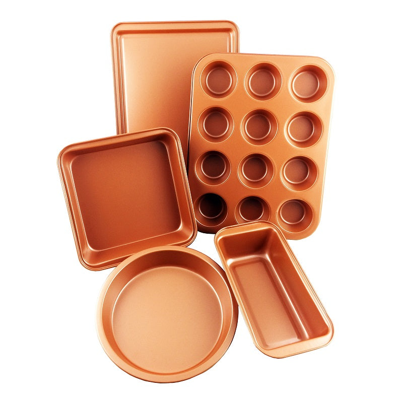 Premium Copper 5-Piece Non- stick Bakeware Set: Muffin Pan, Loaf Pan, Square Pan, Cookie Sheet, Round Pan